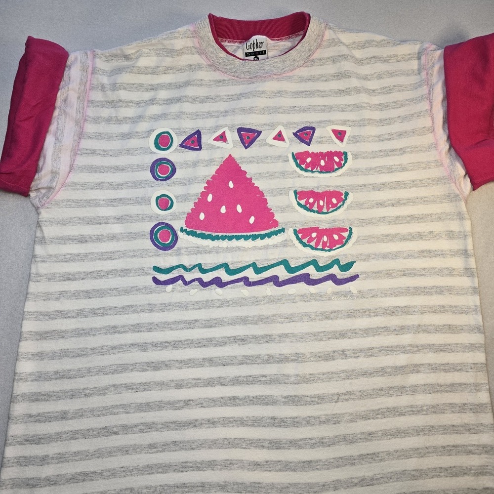Vtg 90s Gopher Sport Striped Watermelon T Shirt Pink‎ XL Kawaii Aesthetic Summer